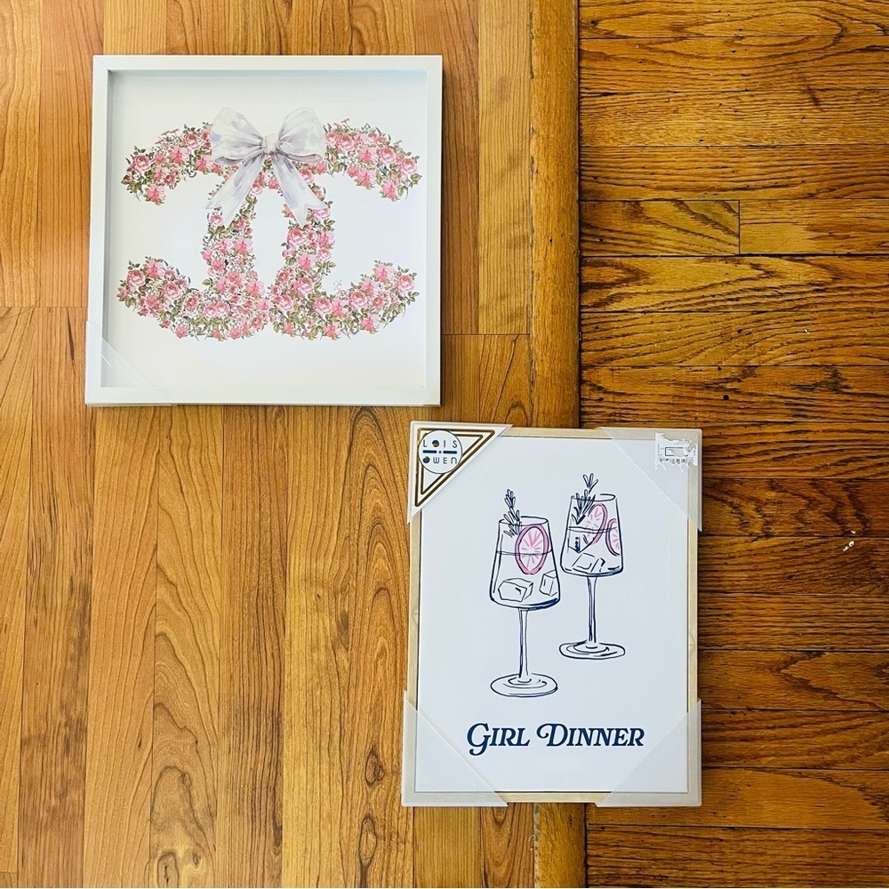 2-Piece Wall Art Set Floral Chanel Bow & “Girl Dinner Cocktail Prints Home Decor